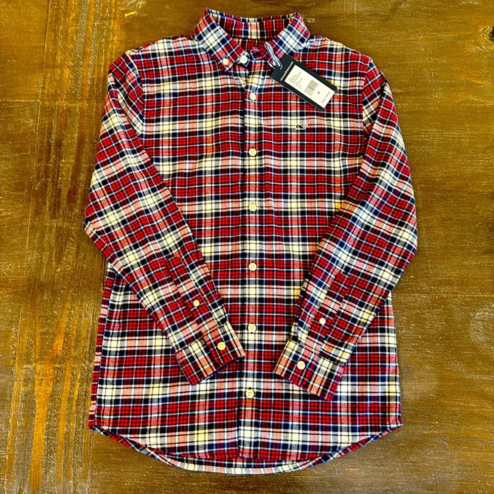 Vineyard Vines Boys Flannel Shirt Whale Button Down M 12/14  Blue Red White NWT
